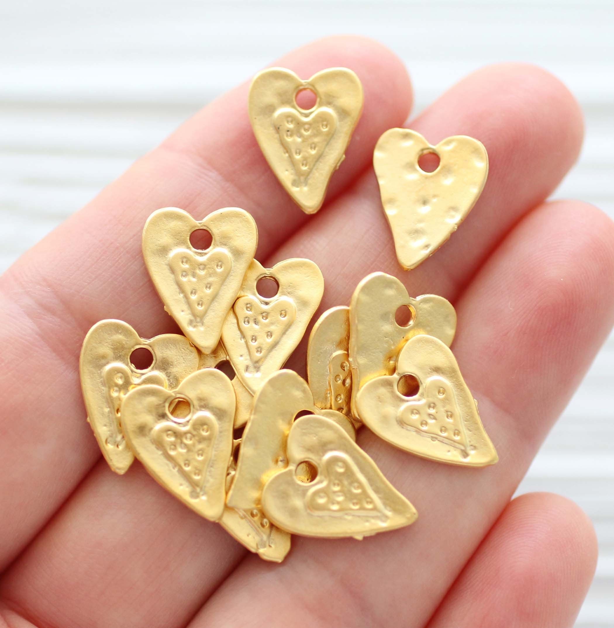 10pc hammered heart charm, necklace charms gold, heart charms for