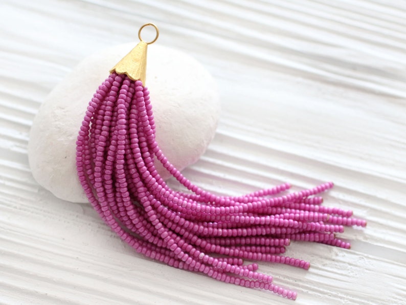 fuchsia decorative long bead tassel plum tassel necklace tassel pendant glittery N25 Magenta beaded tassel gold cap tassel