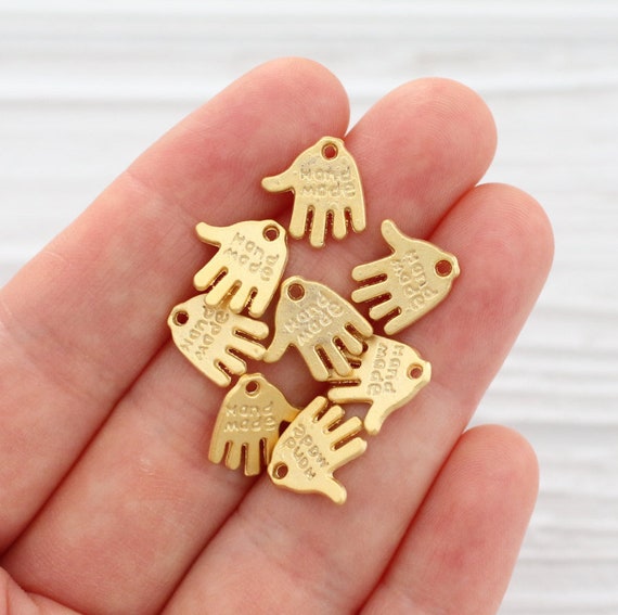 10pc hand made charm, gold charms, hand made stamp charm, metal hand beads, metal charms, gold hand charm, earring charms, dangles, handmade
