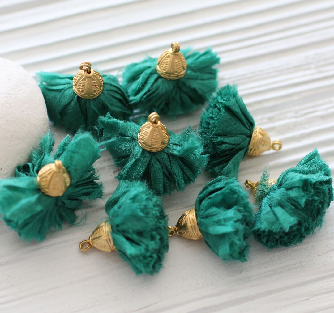 Emerald Green Sari Silk Tassel, Pom Pom Tassel, Tassel With Gold Cap