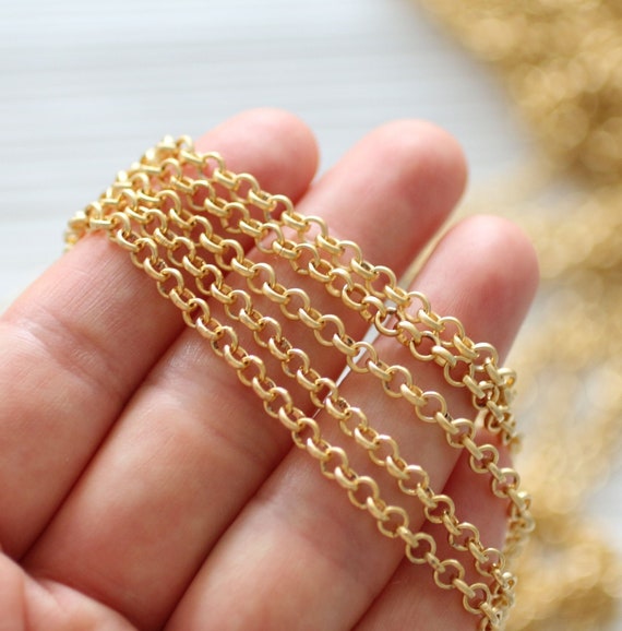 3.3 feet 3.5mm gold rolo chain, 24K gold plated rolo chain, chain, matte gold chain, rolo chain, gold chain, necklace chain, jewelry chain
