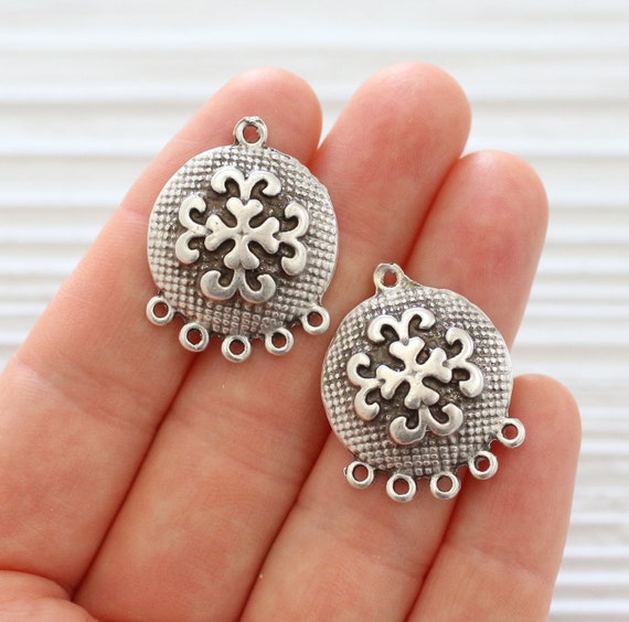 2pc silver chandelier charms,  round pendant connector, unique flower findings, multi strand jewelry connectors, silver earrings dangle