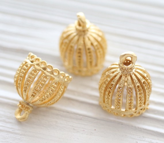 2pc gold filigree tassel cap, metal bead caps, gold bead cones, large gold end caps, ornate tassel cap, tribal bead cap, rustic crown cap, L