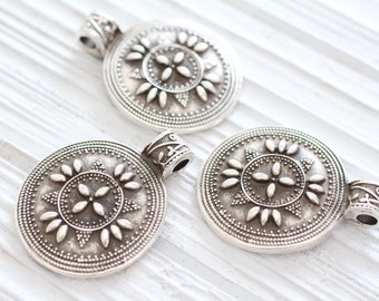Flower pendant silver, tribal pendant, boho findings, silver pendant, embellished round pendant, flower, rustic, hammered, ornate pendant