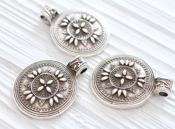 Flower pendant silver, tribal pendant, boho findings, silver pendant, embellished round pendant, flower, rustic, hammered, ornate pendant