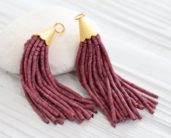 Plum beaded tassel, short bead tassel, gold cap tassel, dark pink beads tassel, decorative tassels,beaded earring tassel,necklace tassel