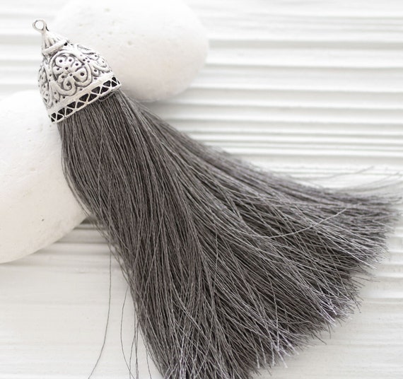 Gray silk tassel with cap, extra large tassel, silver cap tassel, grey, DIY, necklace tassel pendant, drawer, door knob decoration idea, N24