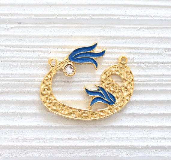 Blue enamel flower pendant, gold crescent connector pendant, hammered pendant, blue pendant, jewelry connector, flower tulip pendant, cobalt