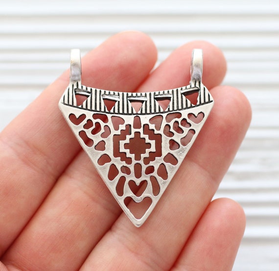 Filigree pendant, triangle pendant  silver, geometric pendant connector, rustic large hole pendant, tribal pendant, pendant with cut outs