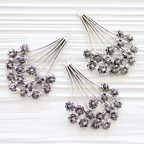 Flower branch pendant, filigree pendant silver, large daisy branch pendant, filigree leaf pendant, filigree findings, earrings dangle charms