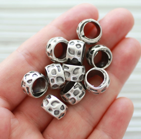 10pc rondelle beads silver, large round circle beads, rondelle spacers,  slider beads, rustic beads, large hole beads, bead spacers silver, M