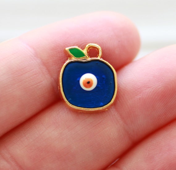 Apple charm with evil eye, Summer charms, necklace, bracelet, earrings dangle charm, gold, blue, fruit pendant