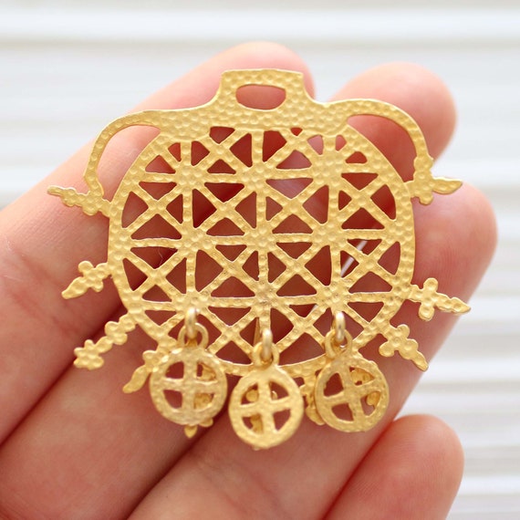 Tribal pendant gold, Hittite pendant, focal pendant, large pendant medallion, matte gold, gold pendant, filigree pendant, unique pendant, M