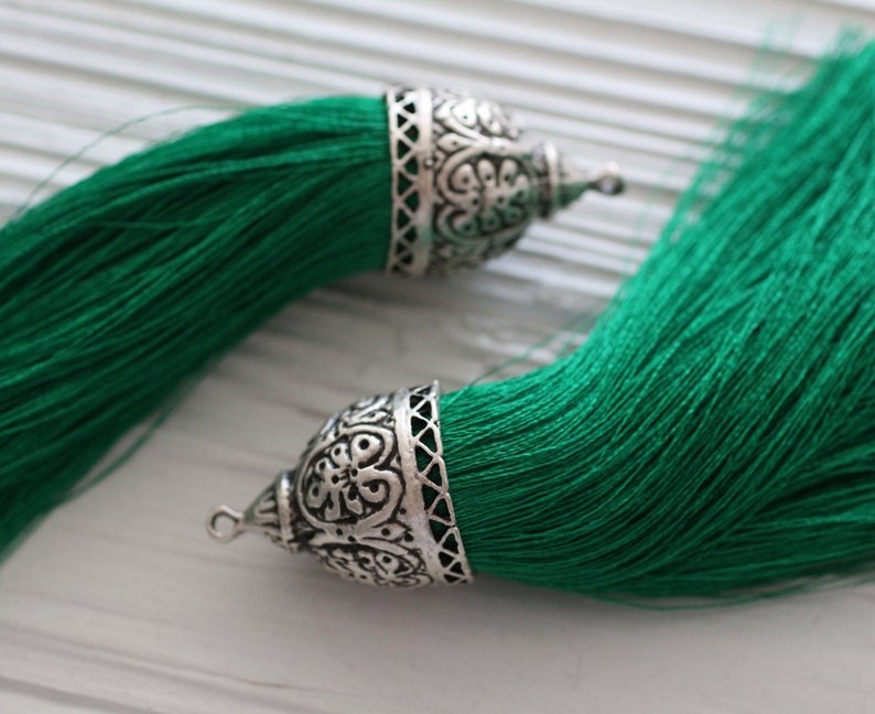 tassel emerald tassel tassel pendant silk tassel tassels necklace tassel Extra large green silk tassel with rustic silver tassel cap