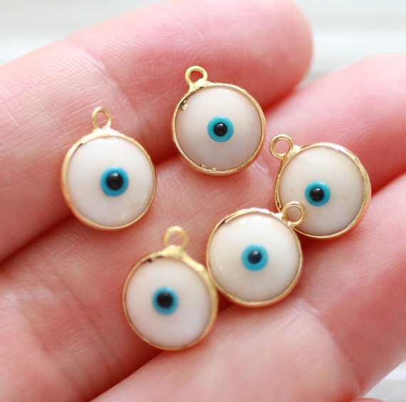 5pc off white evil eye charm, good luck beads, evil eye beads in gold bezel, bracelet charms, glass beads, evil eye pendant, lucky charm