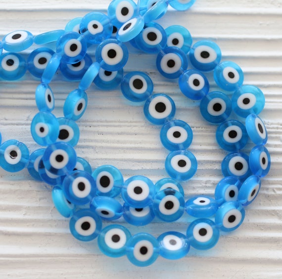 15", 36pc, 10mm sea blue evil eye beads, round flat glass beads, lamp work beads, turquoise evil eye, DIY bracelet beads,necklace beads,EE10