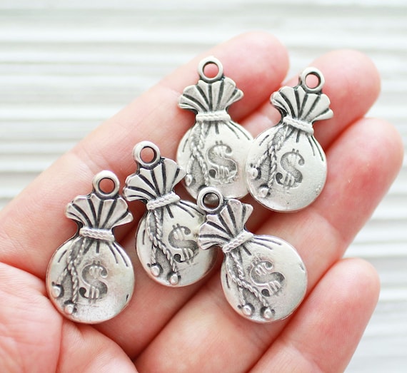 5pc dollar charm, money bag with dollar sign on it, dollar sign charms in silver, money pouch charms, large silver charms