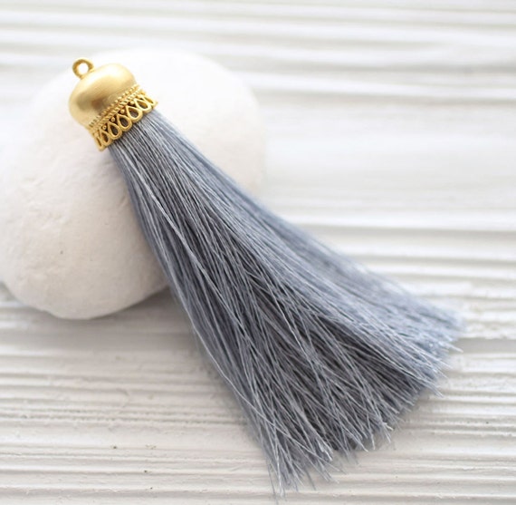 Gray silk tassel, gold cap grey silk tassel, silver gray tassel pendant, mala tassel, large jewelry tassels, gray necklace tassel, N37