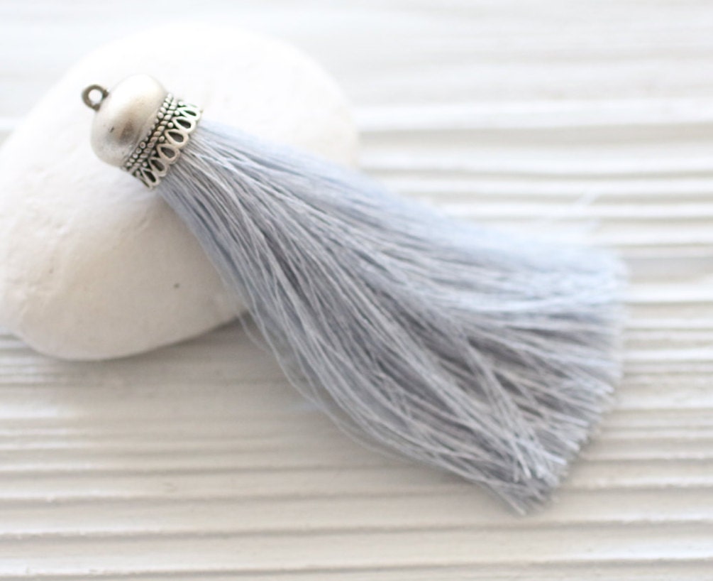 Light gray silk tassel with silver cap, grey silk tassel, silver gray