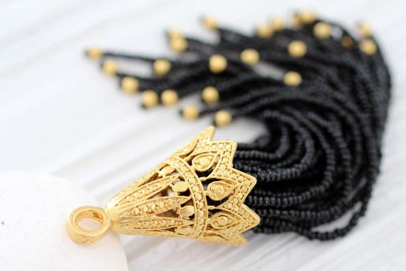 Black bead tassel with large filigree gold cap, long beaded tassel, handmade, black seed bead tassel, unique tassel pendant, black tassel