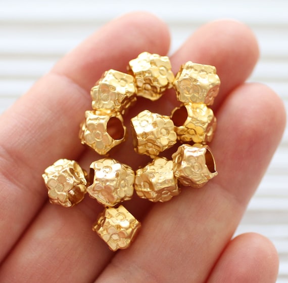 9pc large rondelle beads gold, bracelet beads, flower beads, spacer beads, slider beads, necklace large hole beads, flower charms beads