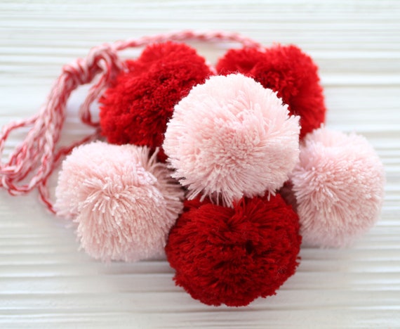 Red pink pom pom hanging decor, pom pom purse charm, pom poms swag charm, pom poms curtain tie back, door knob hanger, knob decor, car charm