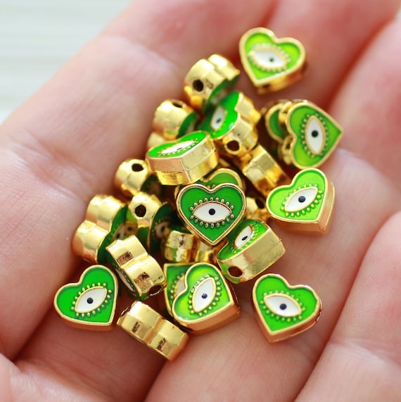 5pc, 9mm green evil eye beads, heart evil eye beads, DIY earrings beads, lucky beads, necklace, bracelet slider beads, spacer beads, EE9H