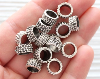 10pc rondelle beads silver, large round circle beads, rondelle spacers, slider beads, rustic beads, large hole beads, bead spacers silver