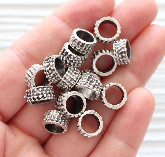 10pc rondelle beads silver, large round circle beads, rondelle spacers, slider beads, rustic beads, large hole beads, bead spacers silver