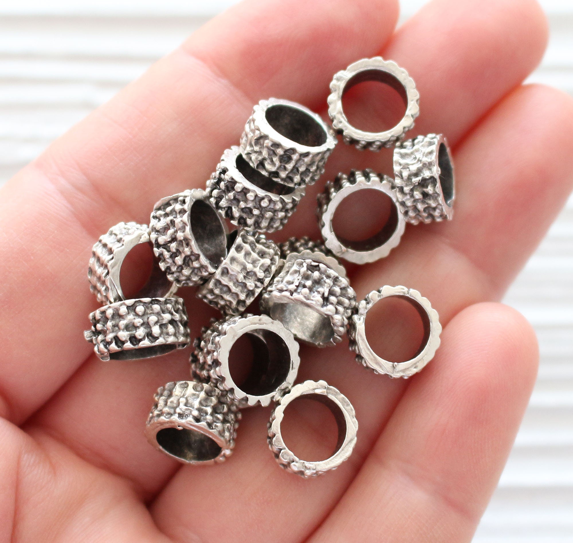 10pc rondelle beads silver, large round circle beads, rondelle spacers,  slider beads, rustic beads, large hole beads, bead spacers silver, M