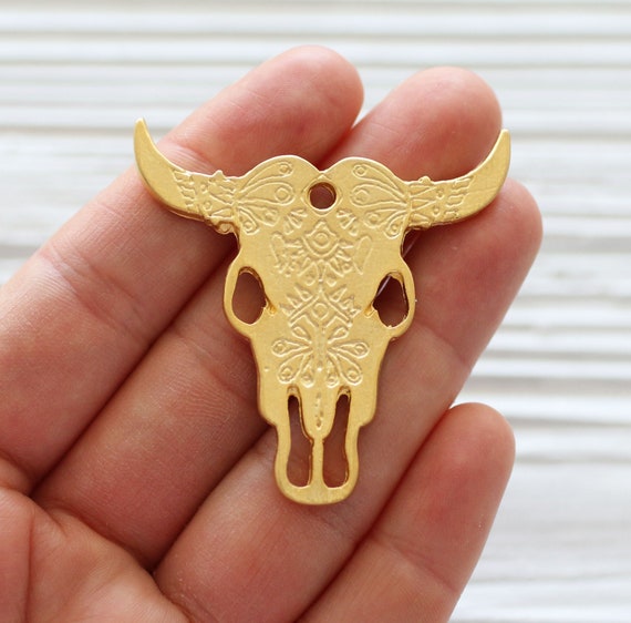 Bull pendant gold, longhorn, ornate bull skull pendant, tribal bull pendant, animal pendant, bull necklace focal pendant, dangle