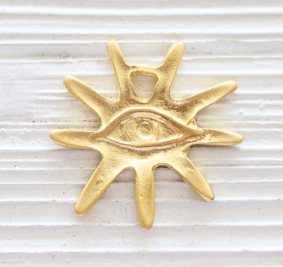 Ancient sun pendant with evil eye, celestial pendant, large hole pendant, celestial sun contemporary pendant, sunburst earrings charm gold