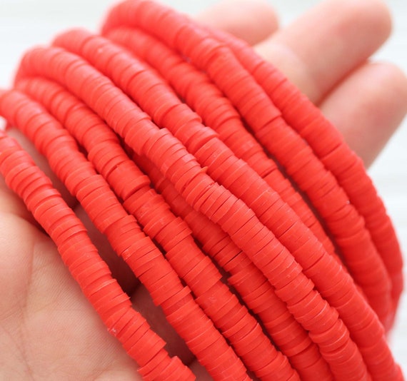 2 Strand Red Heishi Beads, 5mm Polymer Clay Disc Beads, 16" , bracelet necklace beads, Vinly