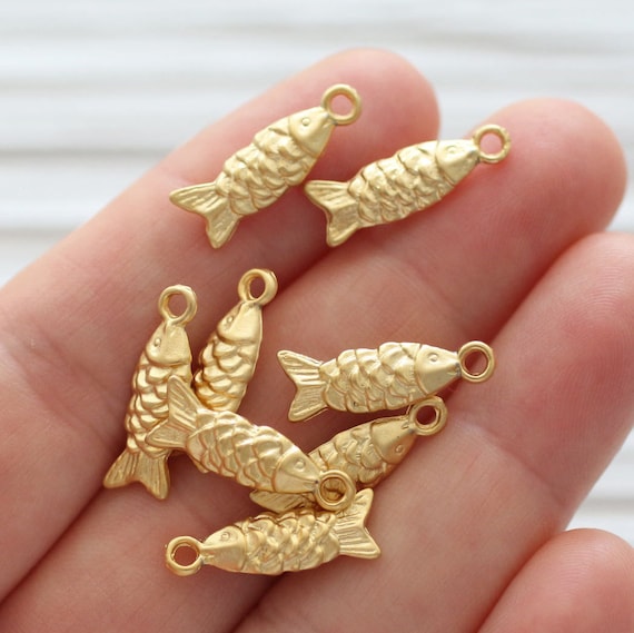 10pc fish charm gold, gold fish pendant, earring charm gold, earring charm dangle, necklace bracelet charms, animal charms, sea charms