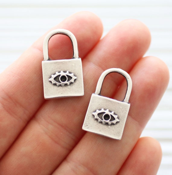 5pc lock charms with evil eye, lock pendant, bracelet charms, earring charms, silver charm beads, metal beads, metal charms