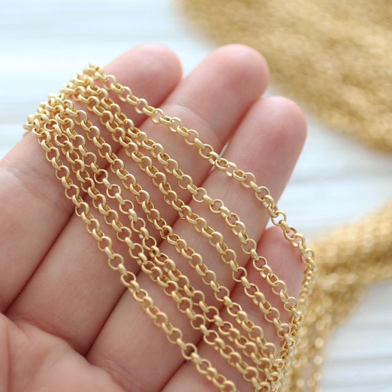 3.3 feet 3mm gold rolo chain, 24K gold plated rolo chain, chain, matte gold chain, rolo chain, gold chain, necklace chain, jewelry chain