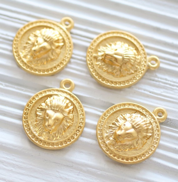 Lion pendant gold, lion coin, lion jewelry findings, filigree, animal pendant, lion, earrings charm, lion head charm, lion dangle pendant,L2