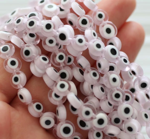 15", 46pc, 8mm pink evil eye beads, round evil eye beads, flat evil eye glass beads, necklace beads, lucky evil eye, DIY bracelet beads, EE8