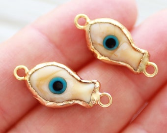 2pc beige evil eye connector, brown, fish charm, glass, animal beads, earrings charms, gold, necklace dangle, bracelet connector