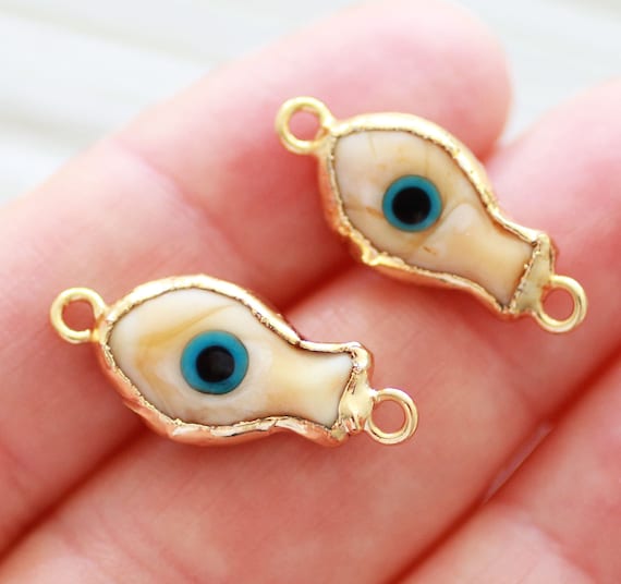 2pc beige evil eye connector, brown, fish charm, glass, animal beads, earrings charms, gold, necklace dangle, bracelet connector