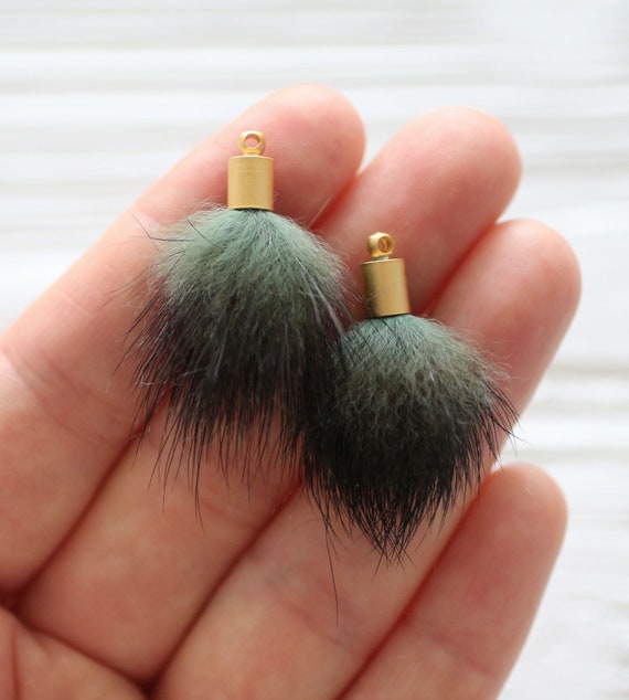 2pc green melange faux fur pom poms tassels for earrings, green pom pom tassel, pom pom keychain tassel, purse charm, necklace charm, N53