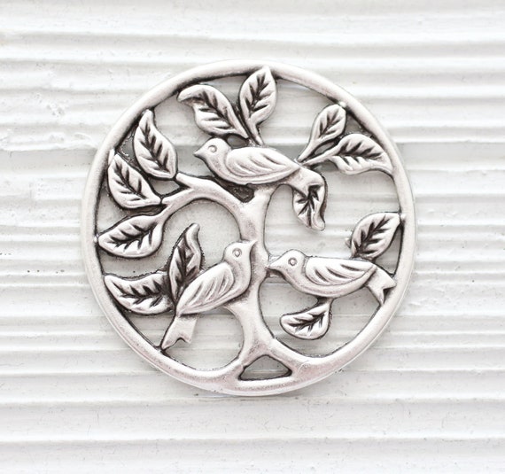 Round silver pendant detailed with birds on tree, animal jewelry findings, cut out tree pendant silver, large focal pendant