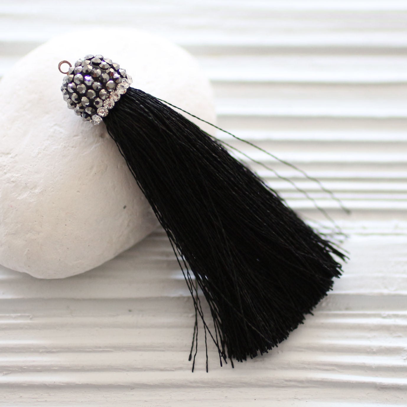 Black tassel with rhinestone cap, long black tassel, tassel pendant ...