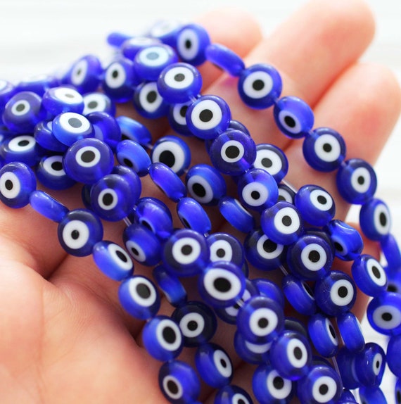 15", 46pc, 8mm navy blue evil eye beads, round evil eye beads, flat glass beads, necklace beads, lucky evil eye, DIY bracelet beads, EE8