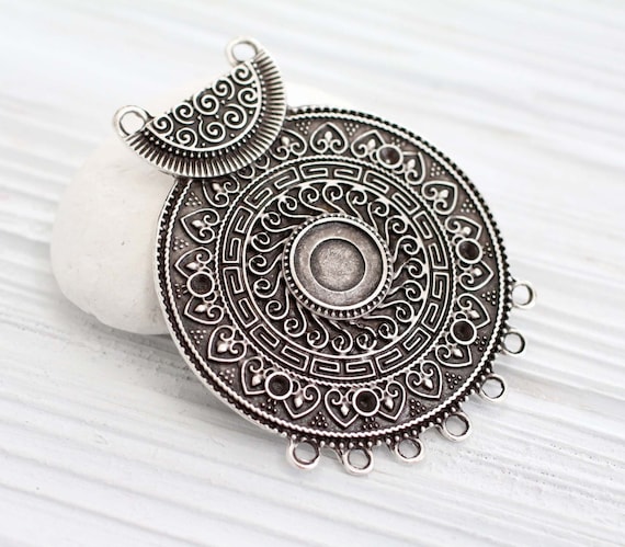 Large pendant connector, silver multi strand round pendant, tribal rustic pendant