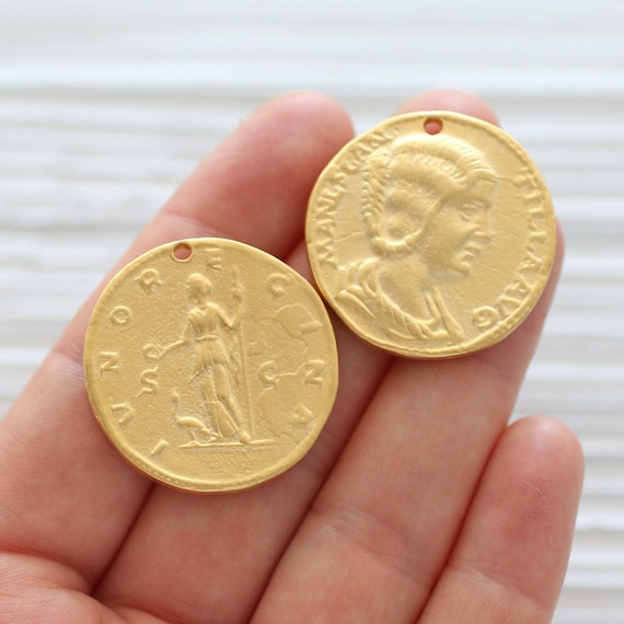 Greek coin pendant, coin pendant gold, large gold coin medallion, coin dangles, replica Greek coins, gold coin, ancient coin pendant, N8