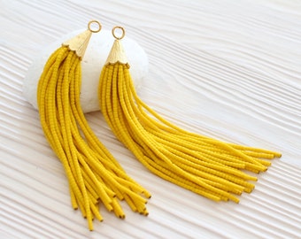 Yellow bead tassel, long tassels, gold cap tassel, tassel pendant, tassels for jewelry, boho tassel, tribal, tassel earrings,large tassel,N3