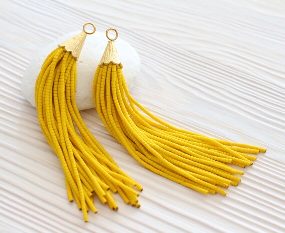 Yellow bead tassel, long tassels, gold cap tassel, tassel pendant, tassels for jewelry, boho tassel, tribal, tassel earrings,large tassel,N3