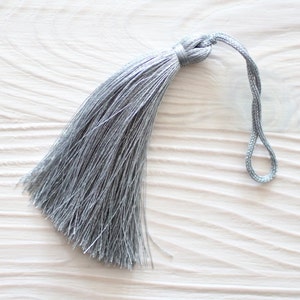 May include: A silver tassel with a long, thin fringe and a loop at the top.