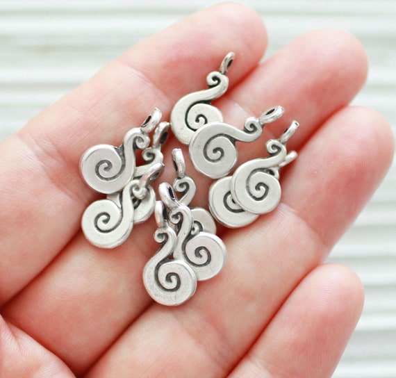 10pc spiral earring and necklace charms, spiral metal beads, silver dangles for jewelry making